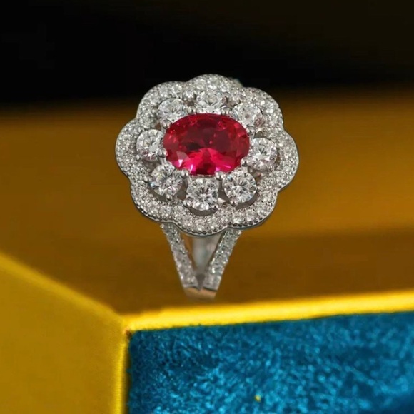 Lab Created Ruby Engagement Ring - Ruby Diamond Cocktail Ring - Picture 2 of 6
